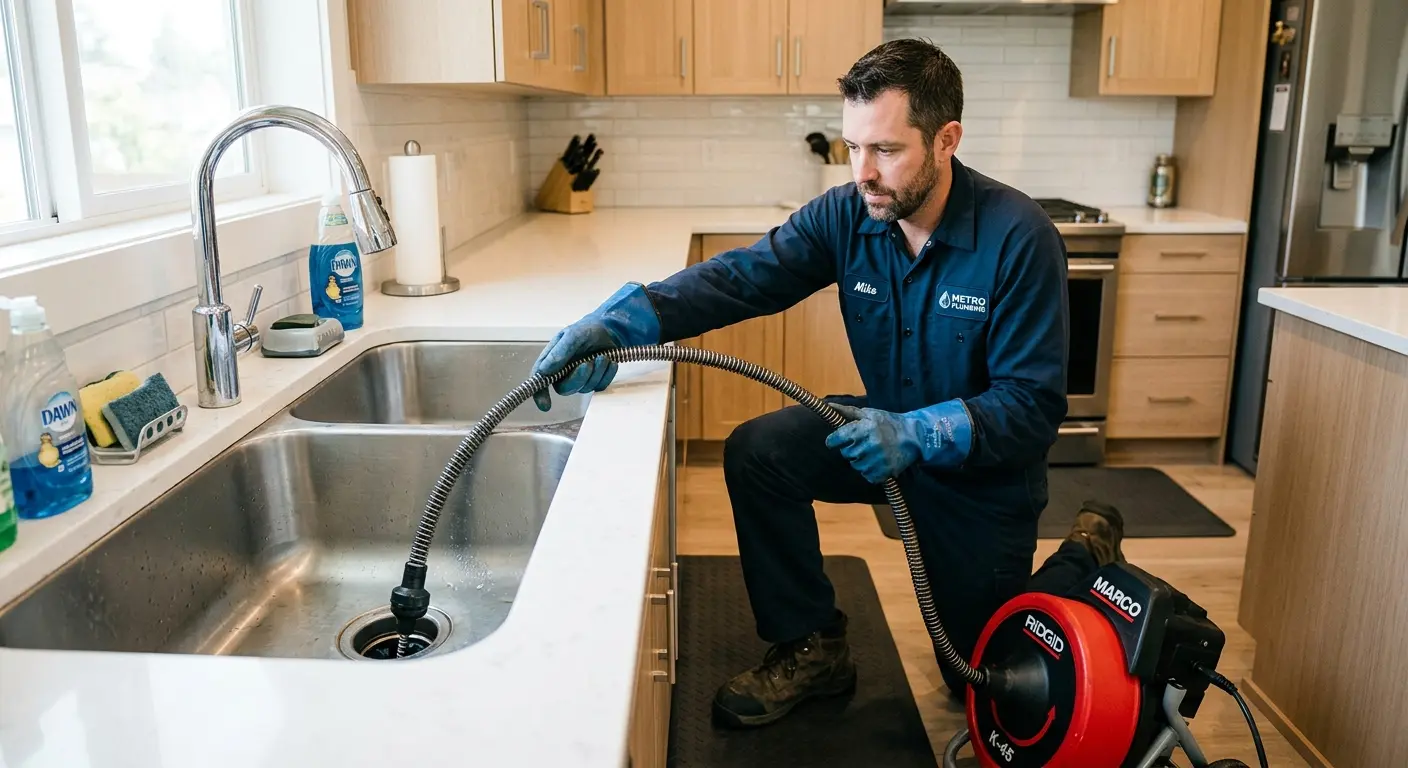 Drain cleaning technician using a motorized snake on a kitchen sink in El Cajon