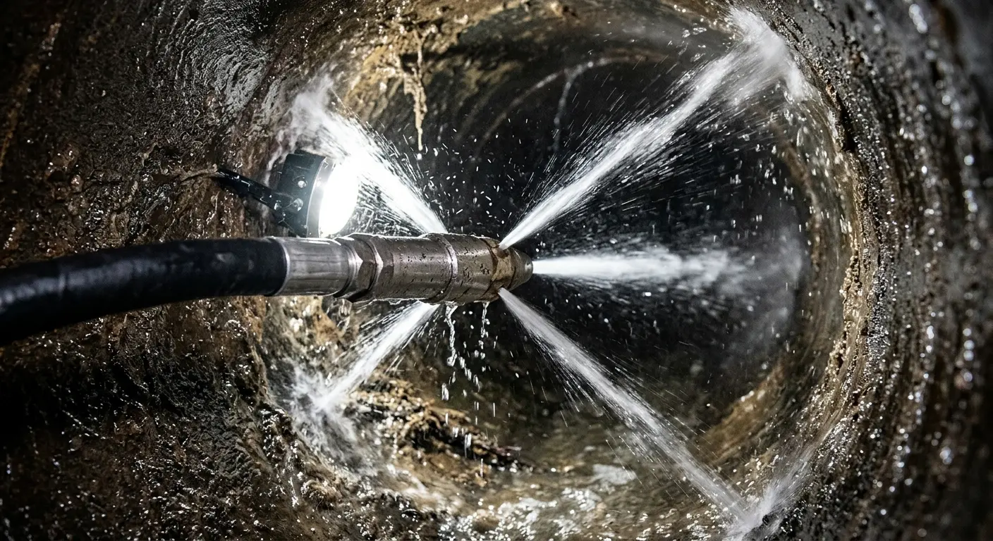 High-pressure hydro jetting nozzle cleaning sewer pipe for Sewer Line Relining in El Cajon
