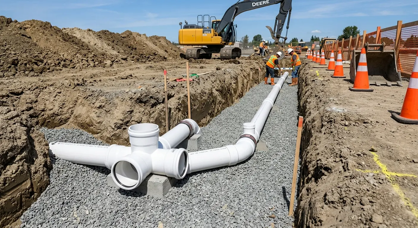 New PVC sewer pipe installation in open trench for Commercial Drain Cleaning in El Cajon