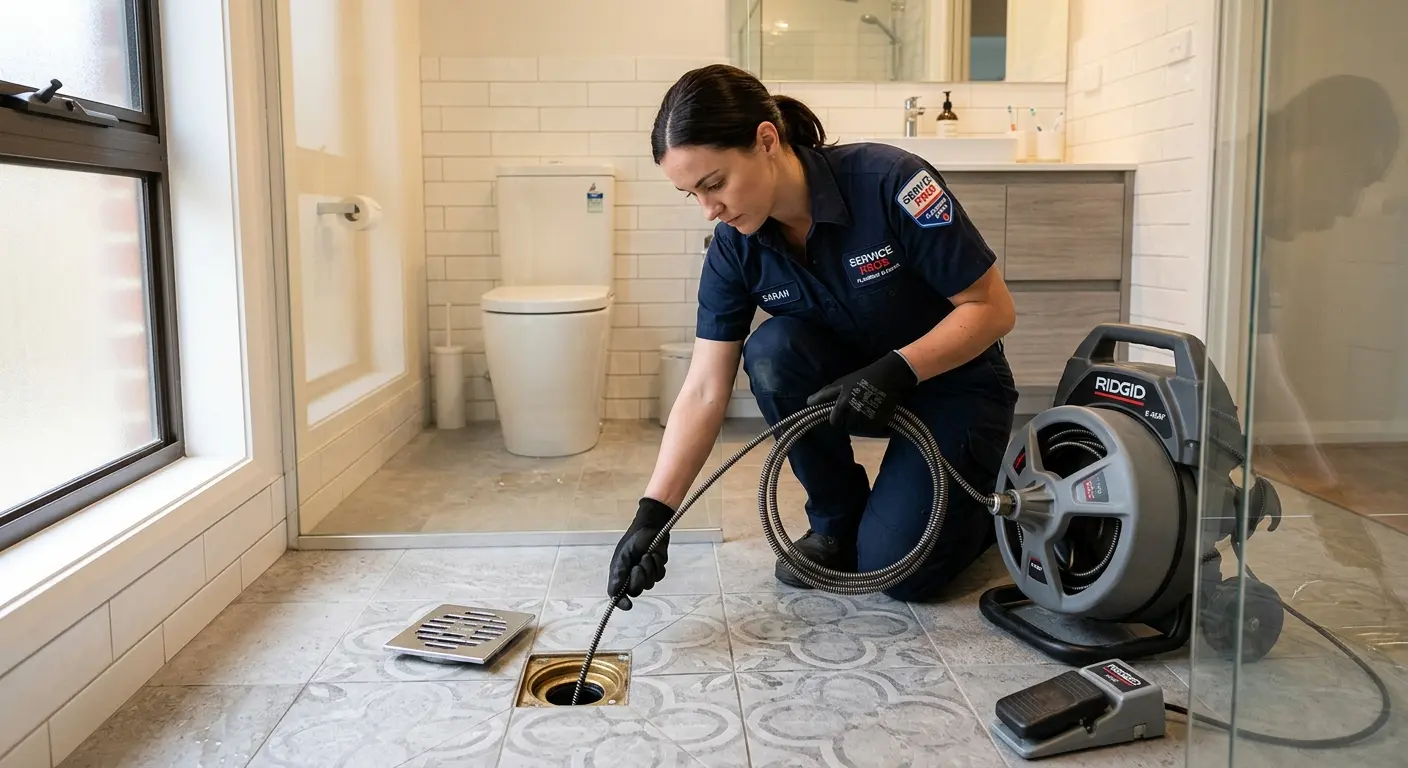 Technician clearing a bathroom floor drain for Sewer Line Replacement in El Cajon